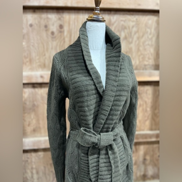 Halogen Cashmere Wool Crocheted Knit Wrap Cardigan – Olive Green Shawl Collar L - Picture 3 of 16